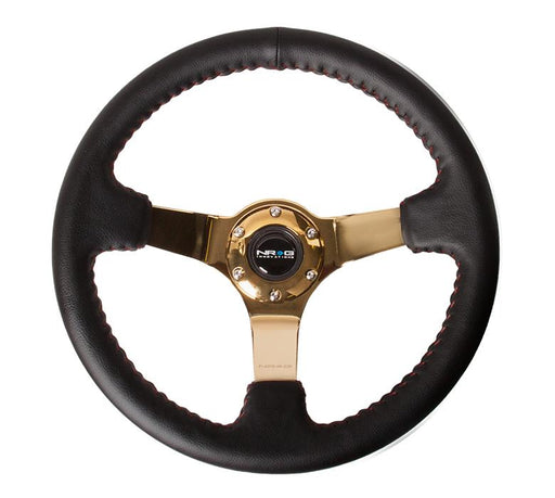 NRG 350mm Sport Steering wheel 3" Deep Black Leather w/ Red Baseball Stitching Chrome Gold Center Universal
