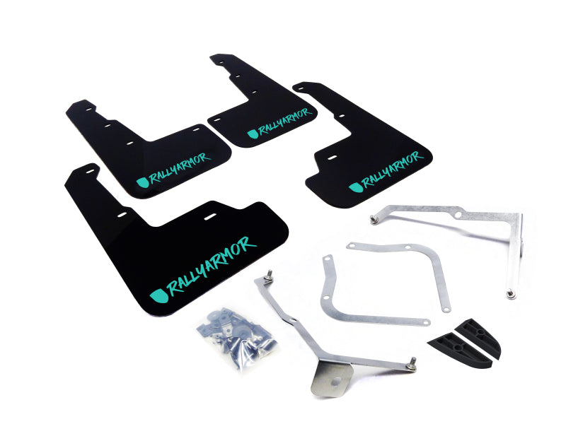 Rally Armor UR Mud Flaps Black Urethane Teal NEW Logo Subaru 2015-2021 WRX / 2015-2021 STI | MF32-UR-BLK/TL-X