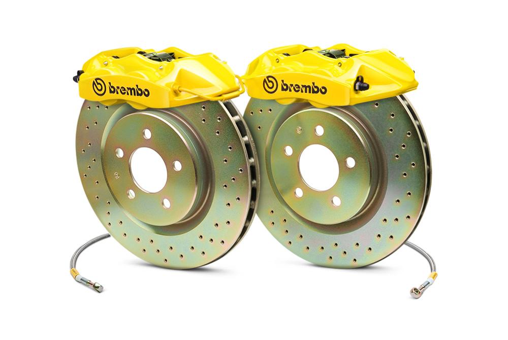 Brembo Gran Turismo 6 Piston Front Brake Kit Yellow Drilled Rotors Subaru 2004-2017 STI