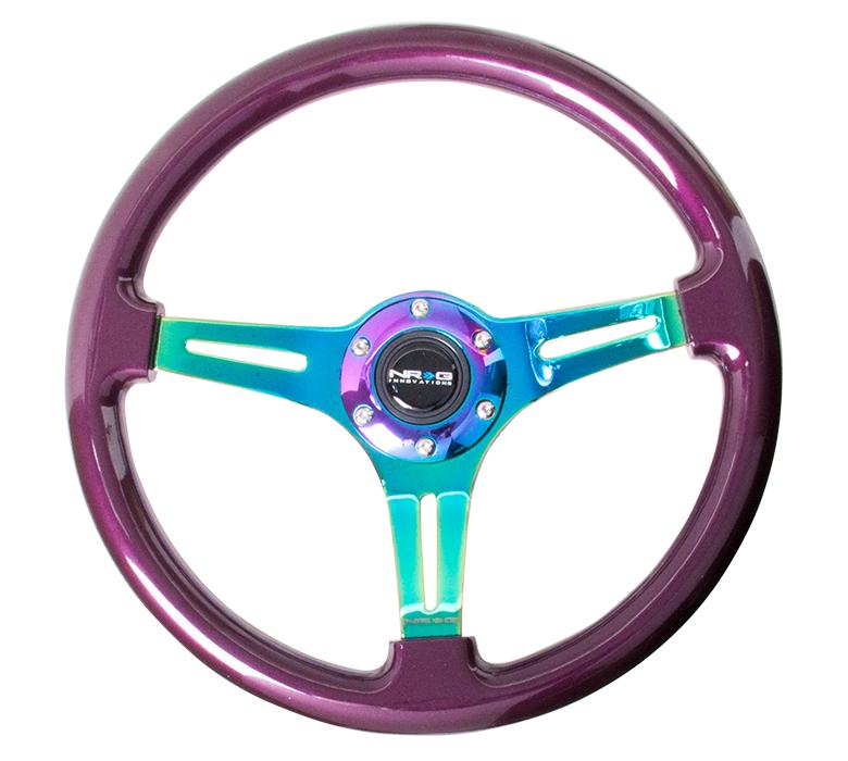 NRG 350mm Steering Wheel Classic Wood Grain Purple Colored Wood 3 Spoke Center In Neochrome | ST-015MC-PP