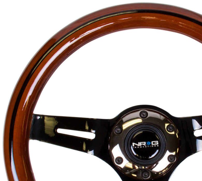 NRG 310mm Steering Wheel Classic Dark Wood Grain Black Line Inlay 3 Spoke Center In Black Chrome Universal