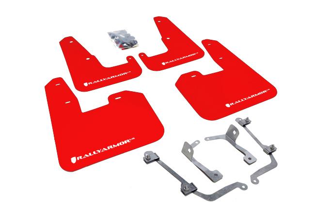 Rally Armor UR Mud Flaps Red Urethane White Logo (HATCH) Subaru 2011-2014 WRX / 2008-2014 STI | MF15-UR-RD/WH